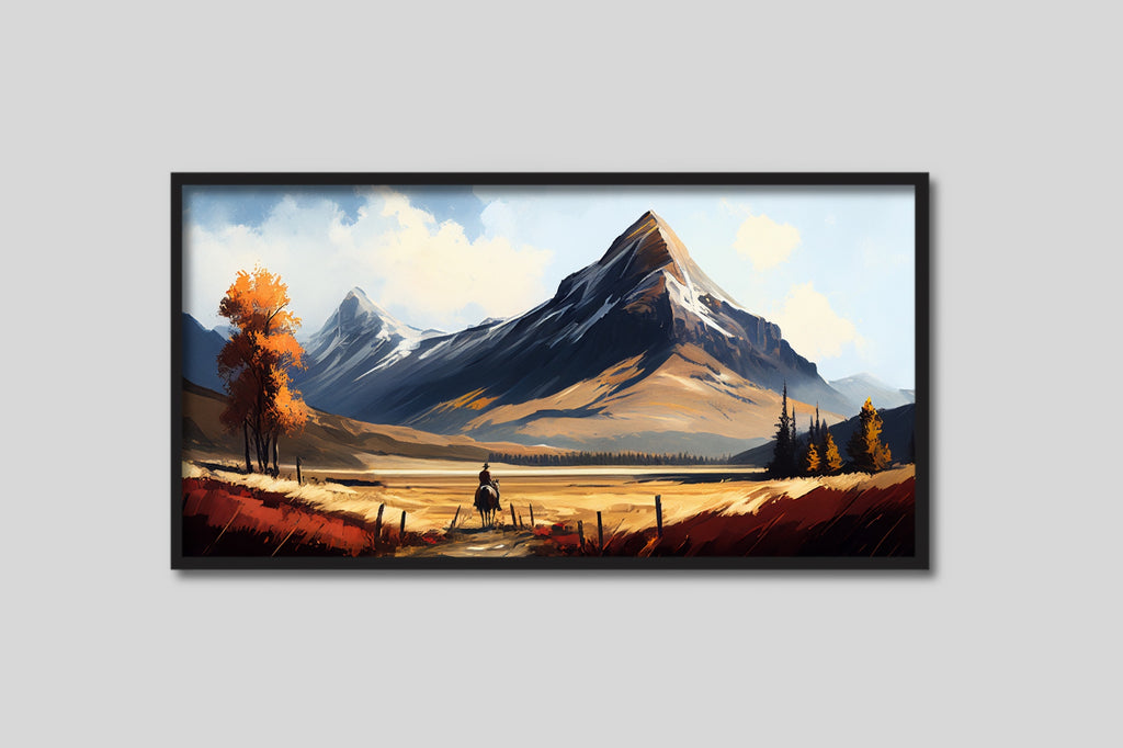 A large horizontal western mountain landscape art print framed.