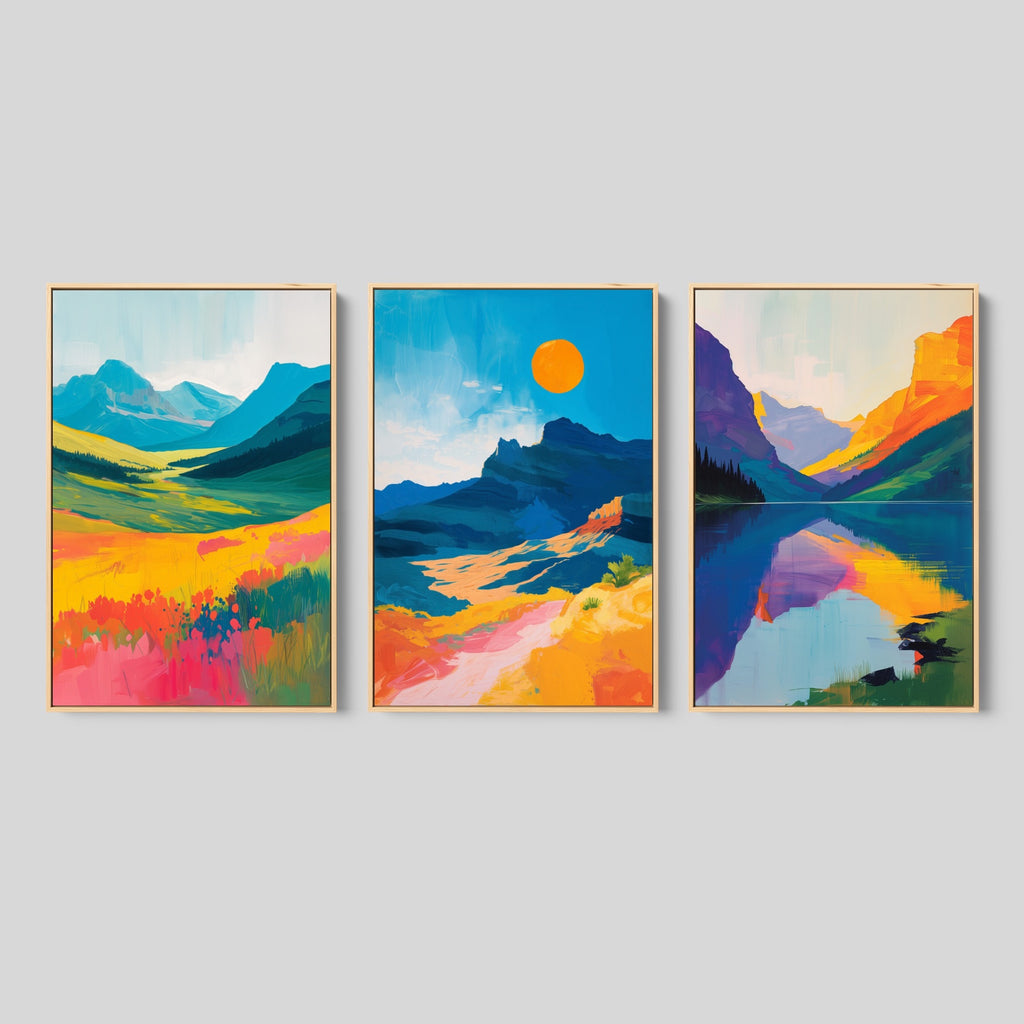 Framed canvas wall art set featuring mountains, lake and a field of flowers in the spring.