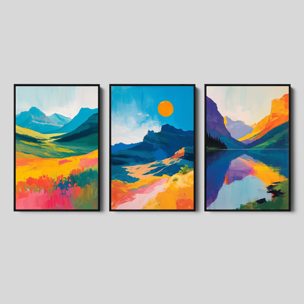 Bold Abstract Mountain Artwork Set in Bright Colors.