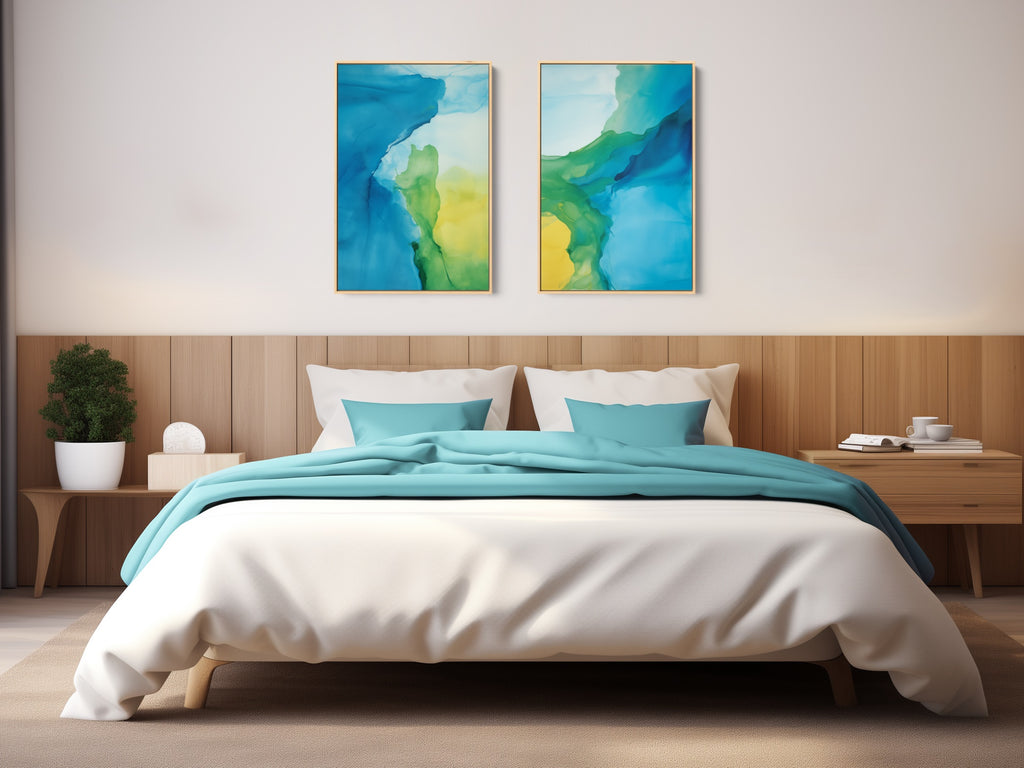 A set of two vibrant abstract art prints in blue and green.