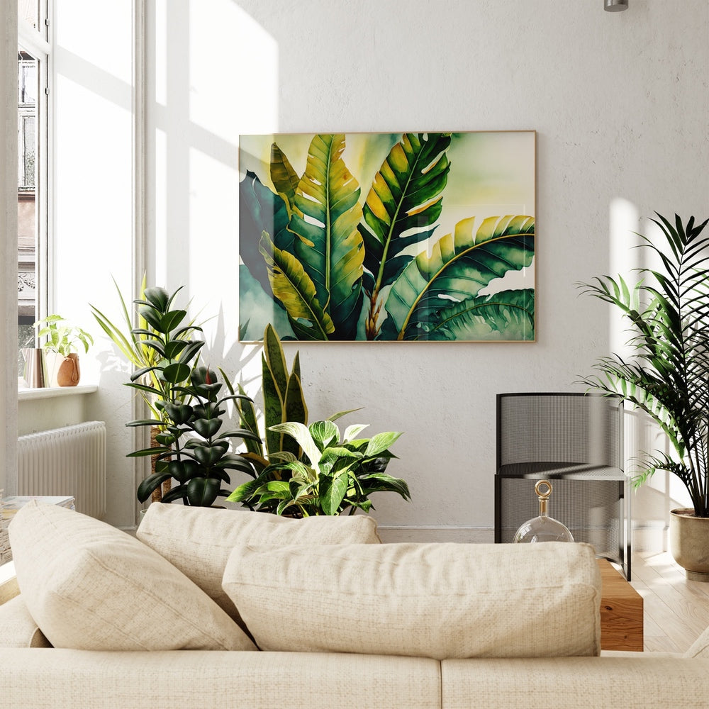 A horizontal tropical banana leaves boho art print.