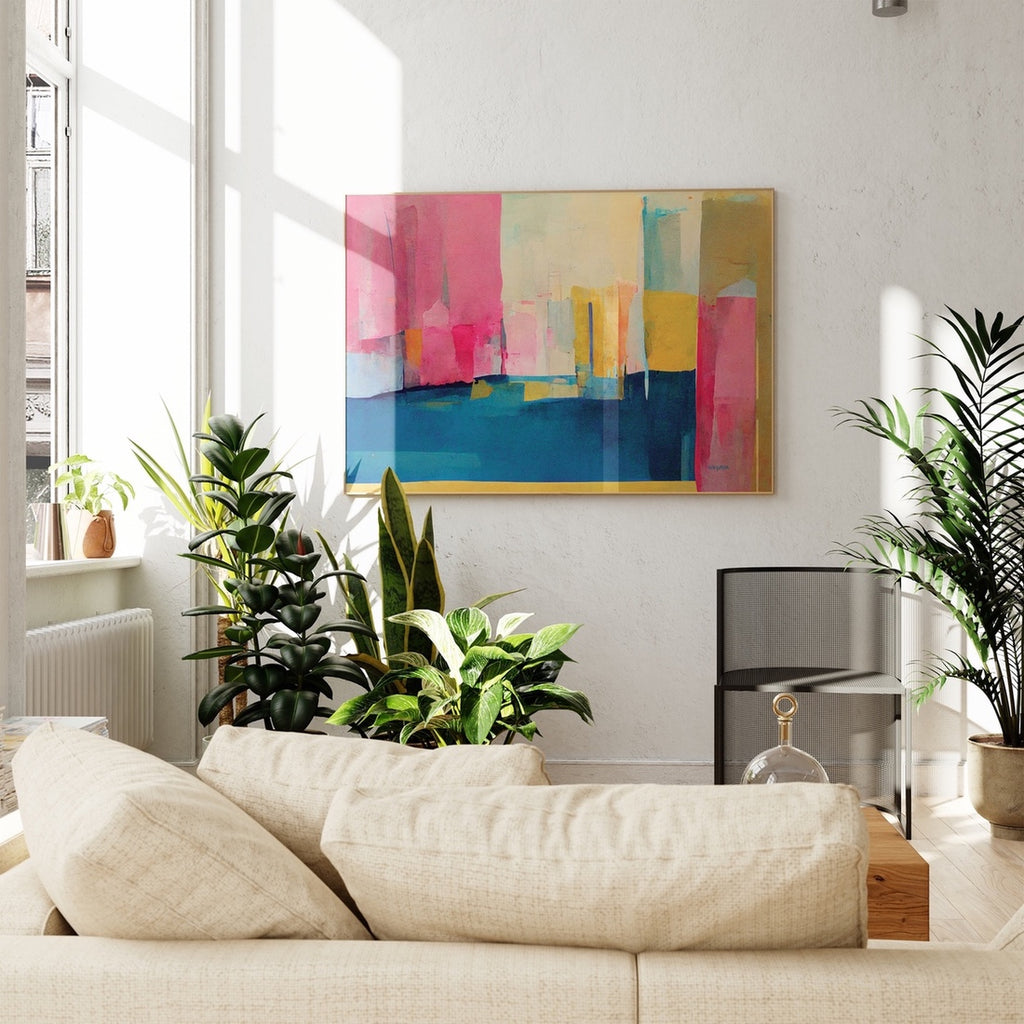 Vibrant horizontal abstract artwork in pink, blue and yellow.