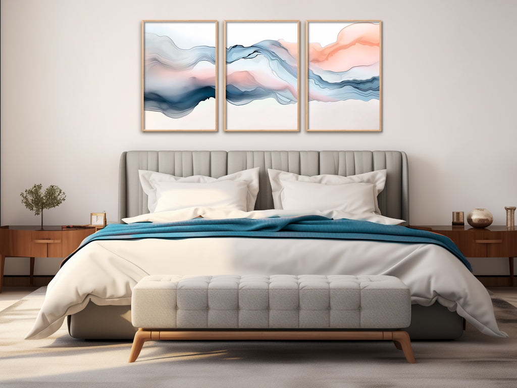 A triptych abstract painting set on stretched canvas.