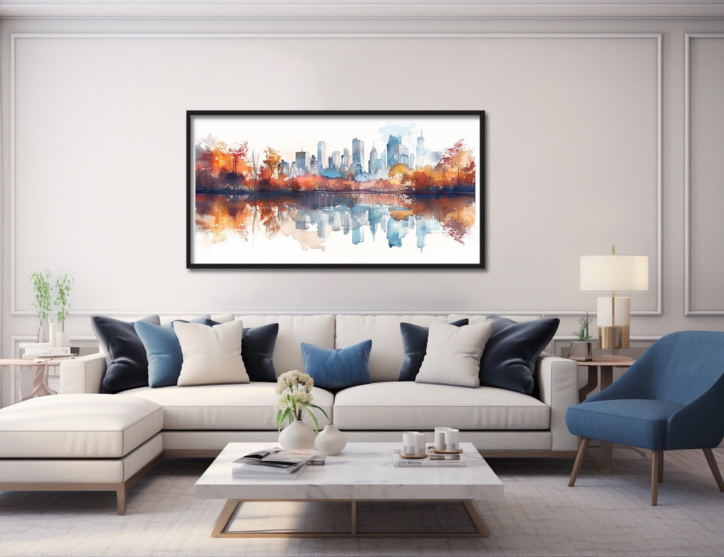 A framed watercolor cityscape featuring Central Park, New York City in fall colors. 