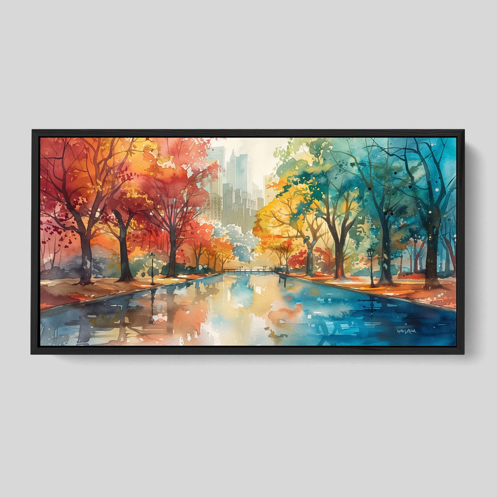 Central Park Watercolor Painting Canvas Art in Orange and Blue