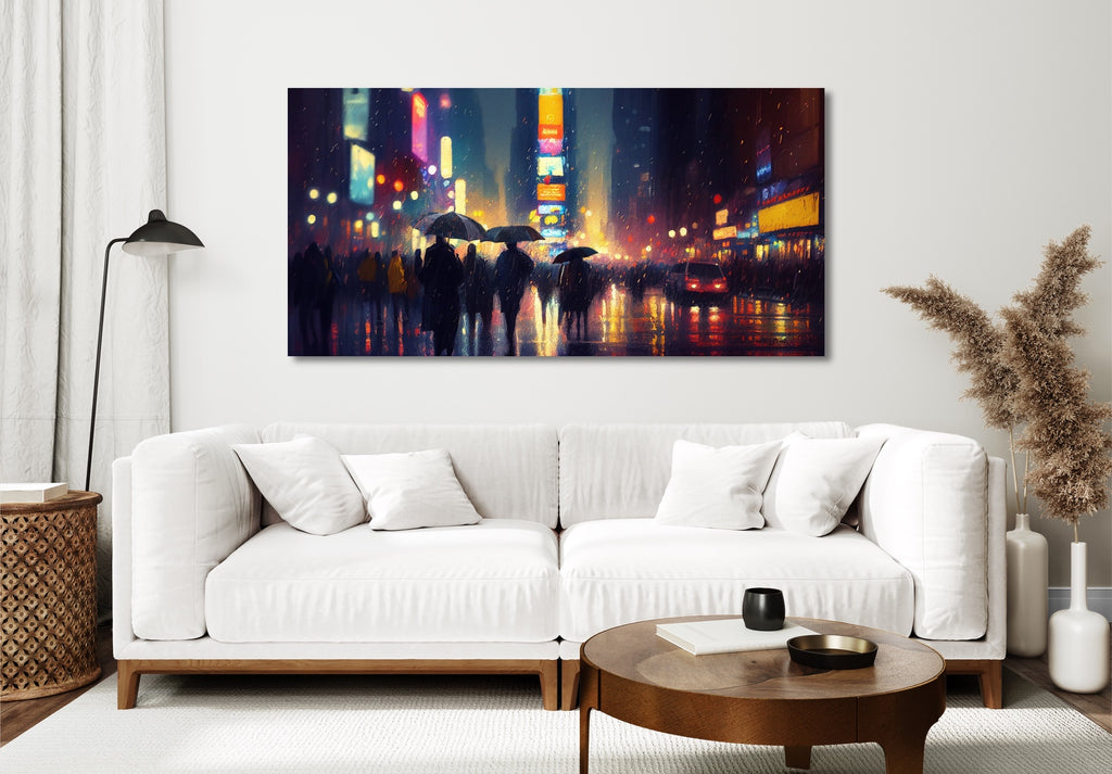 A panoramic New York City in the rain canvas wall art.