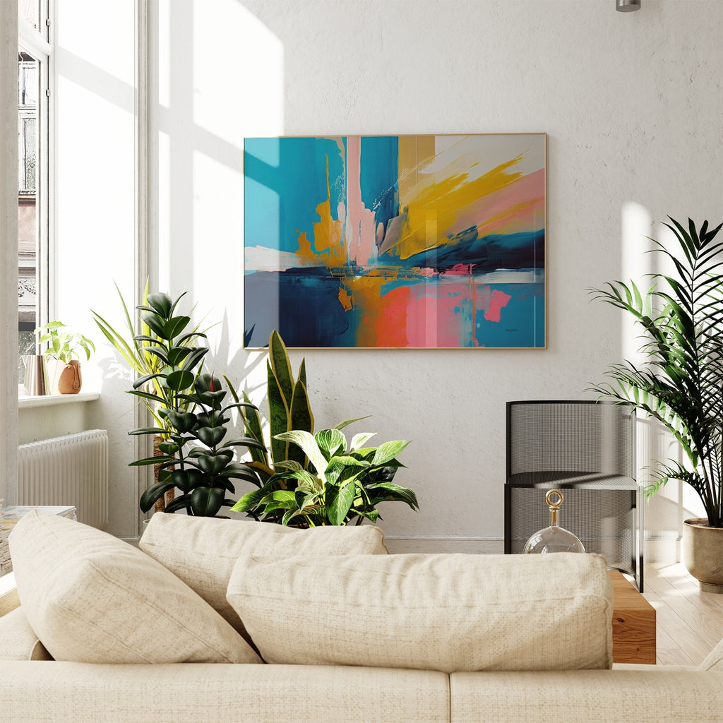 A large vibrant abstract acrylic painting in Blue, Pink and Gold.