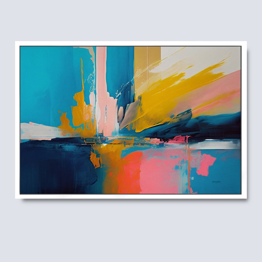 Colorful Abstract Artwork on Canvas in Blue, Pink and Gold.