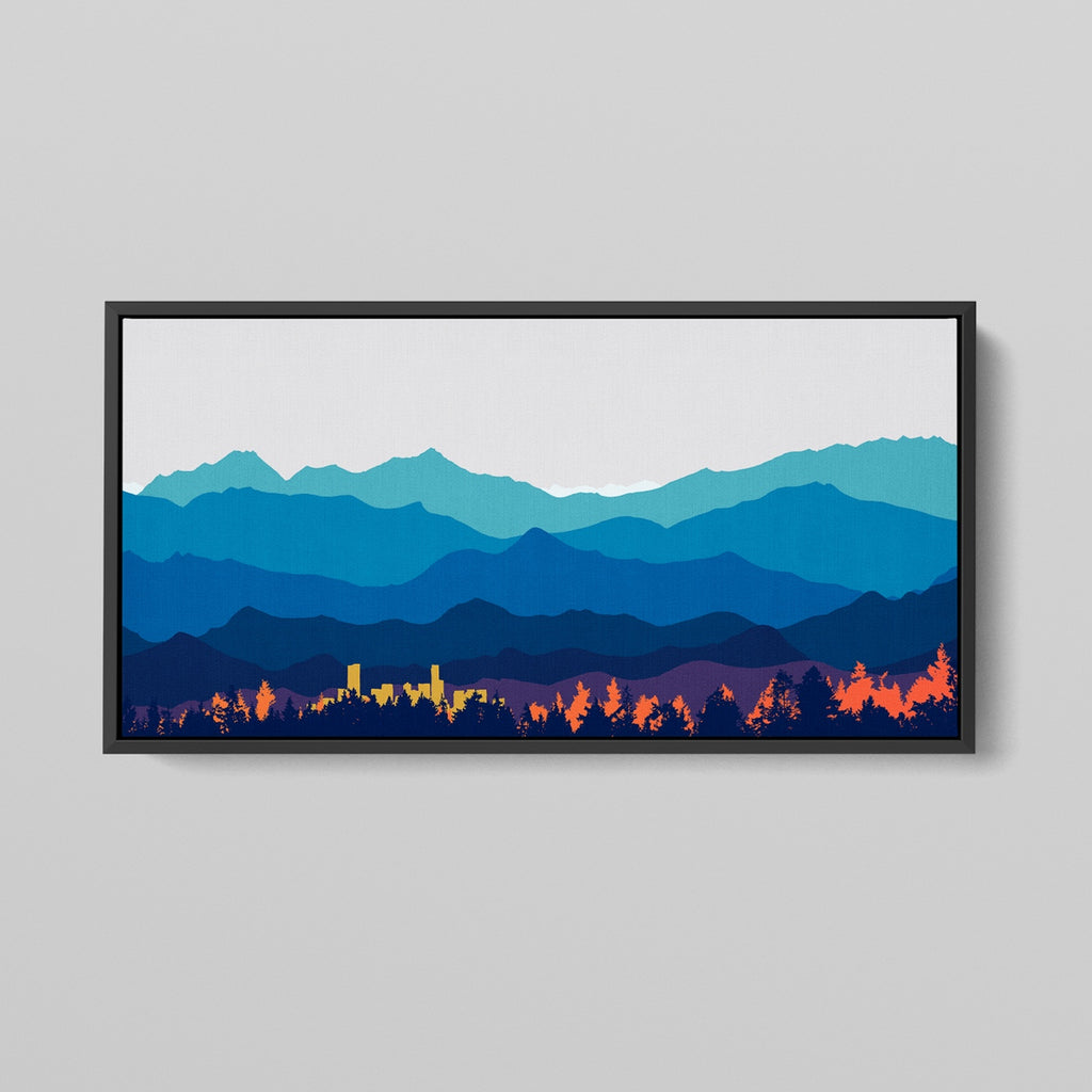 Framed Panoramic Denver Art Print in Blue, Yellow and Orange.