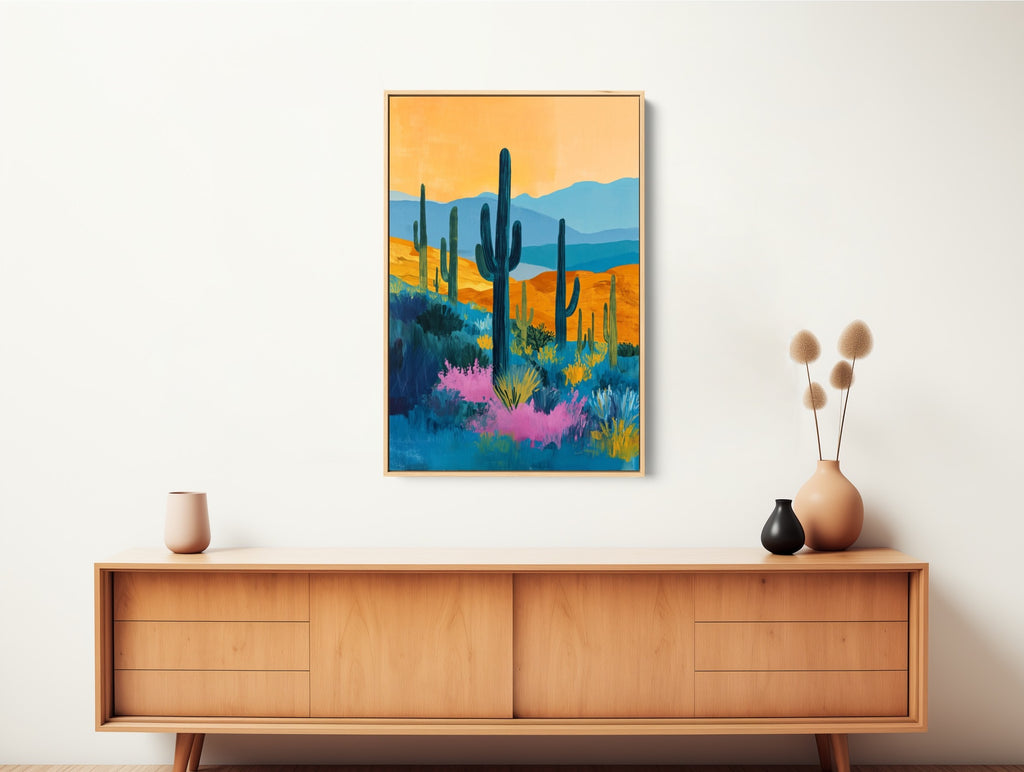 Southwestern Desert Cacti Artwork in Blue and Orange.