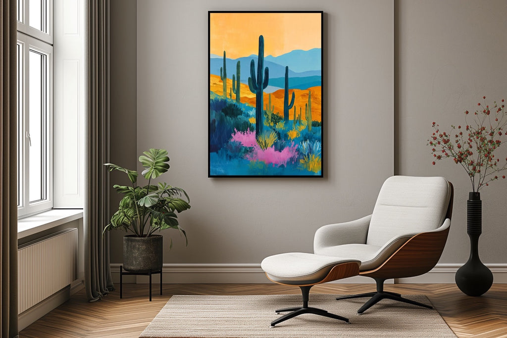 A large framed desert wall decor in vibrant colors.