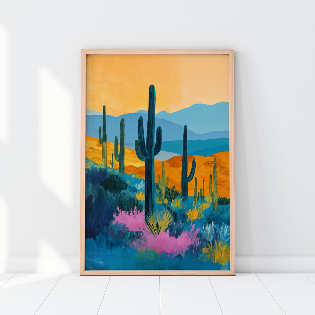 vibrant desert wall decor in blue, orange and pink