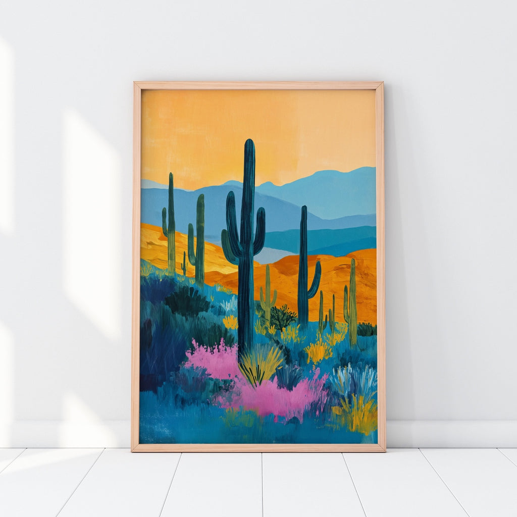 A vibrant cactus wall art in warm hues.