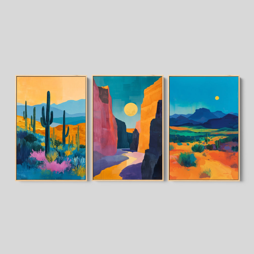 Mid Century Modern Wall Art Set Of Desert Prints in Warm Colors.