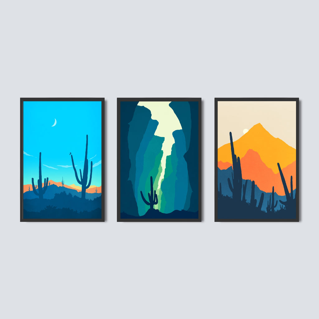 Set of 3 Vibrant Desert Wall Art Prints in Blue, Green and Orange.