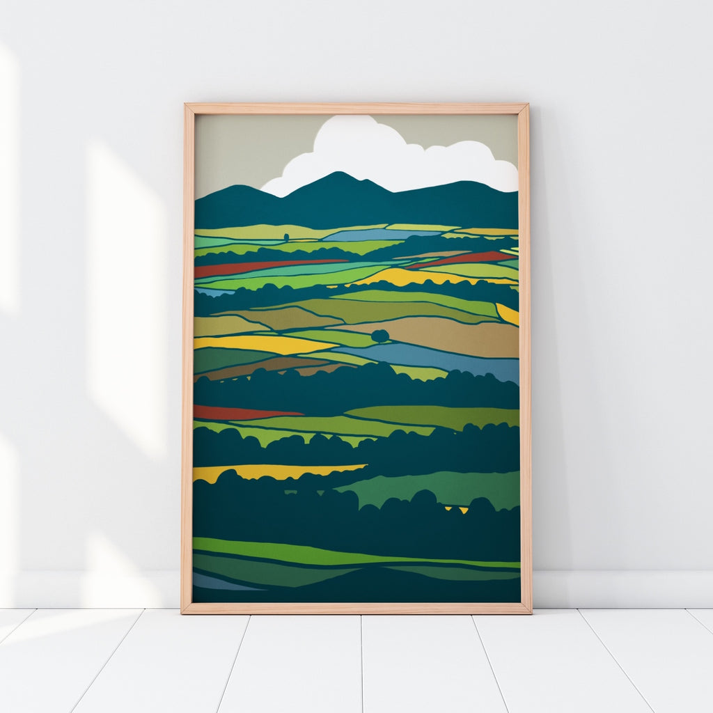 A Large Vertical Rolling Fields Landscape Canvas Wall Art.