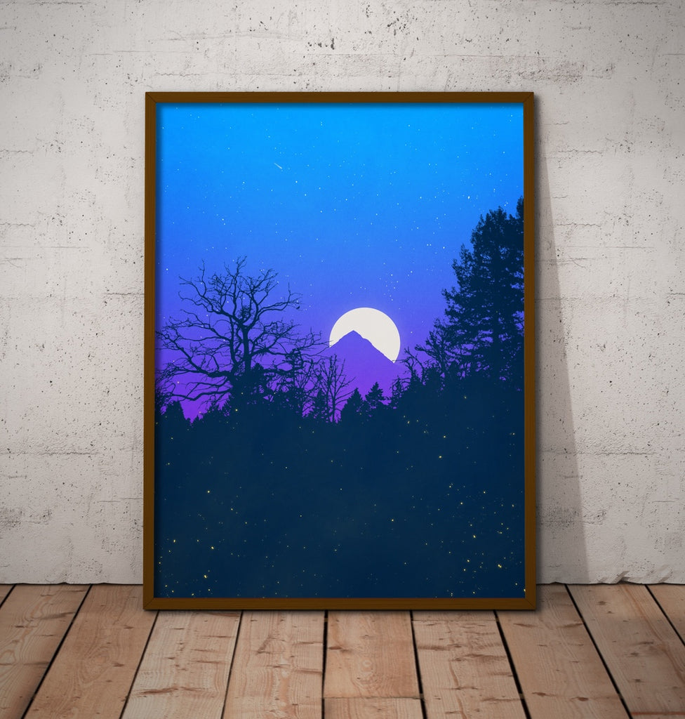 Framed Moon Decor For Bedroom in Blue and Purple.