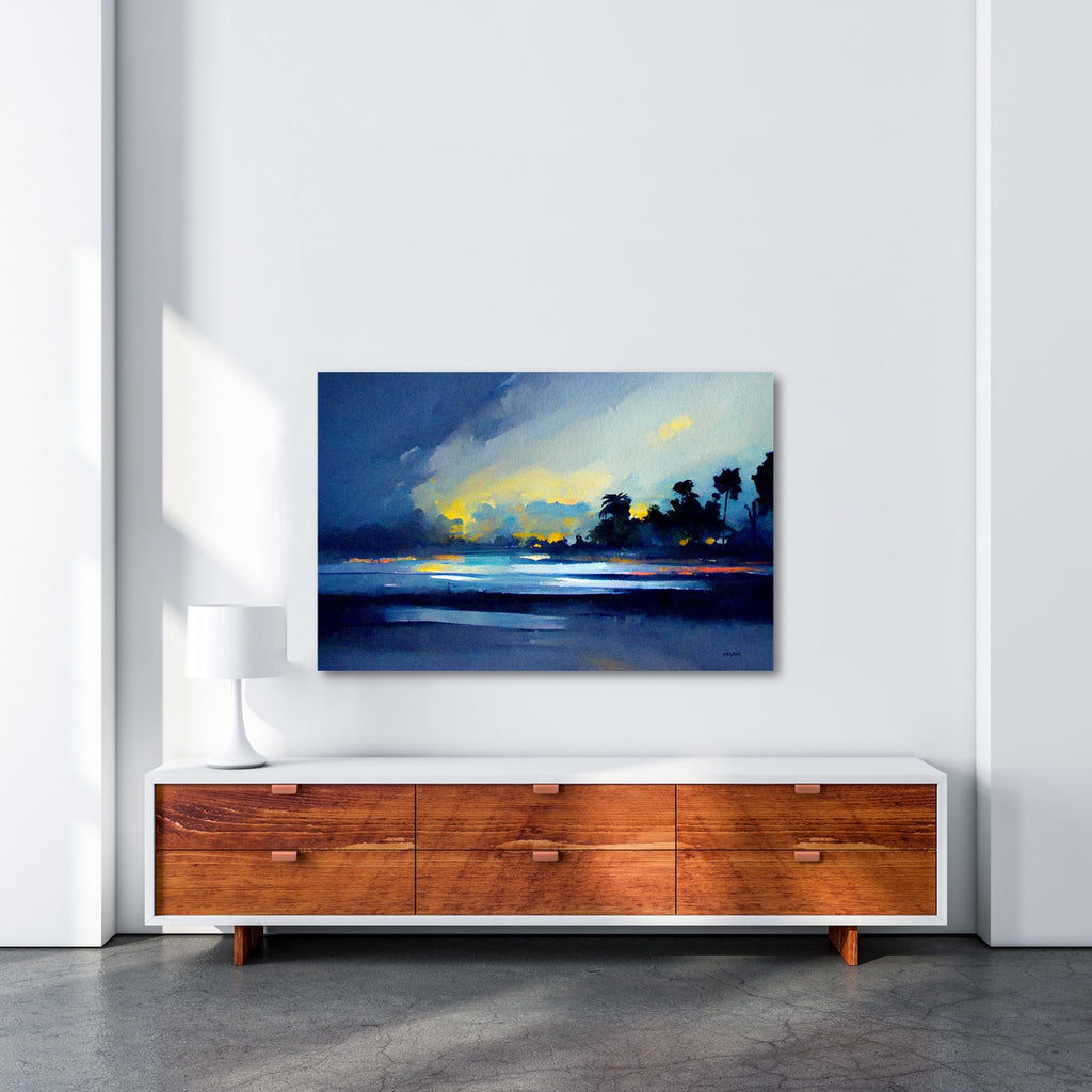 A large tropical Florida landscape artwork printed in vibrant blue and yellow.