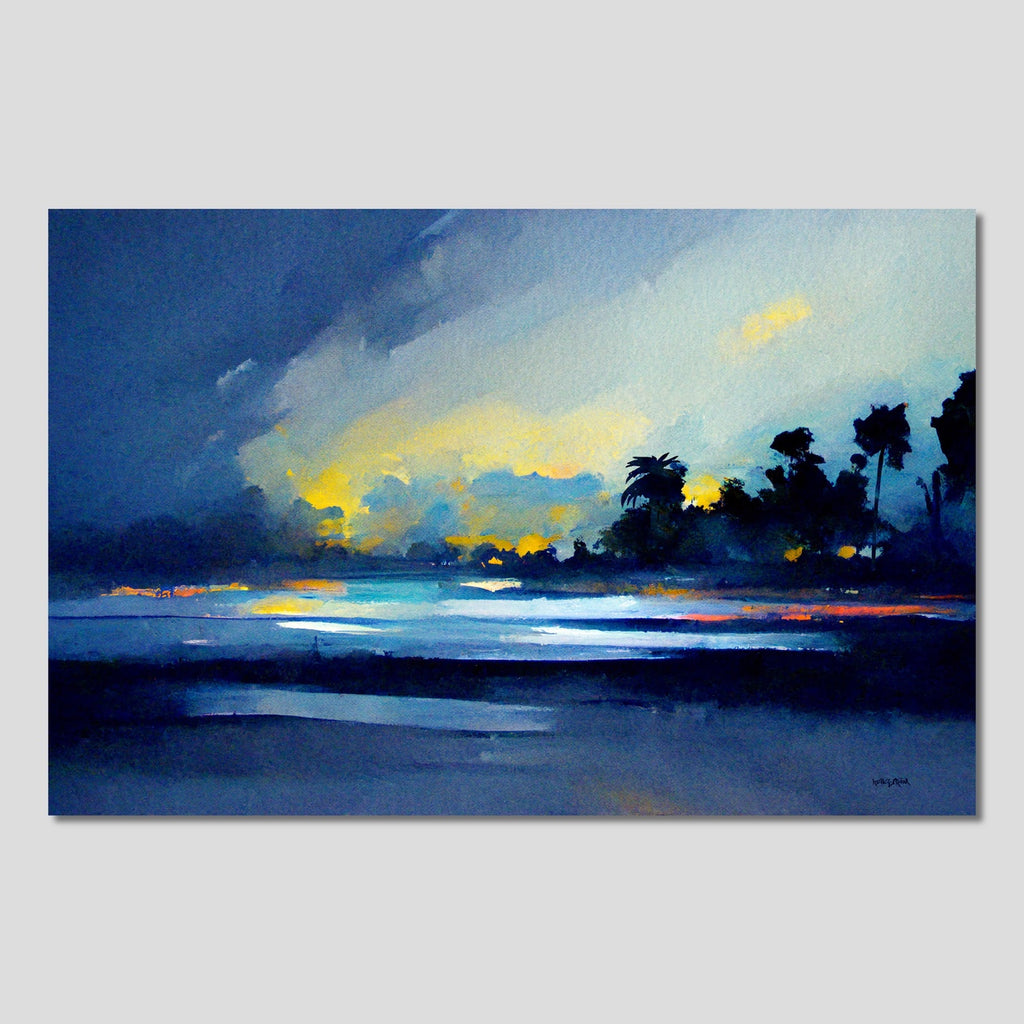 Abstract Tropical Florida Landscape Painting in Blue and Yellow.