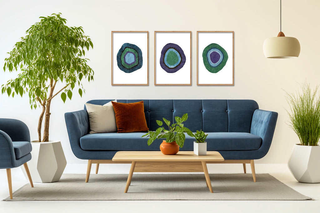 A simplistic gallery wall tree ring artwork.