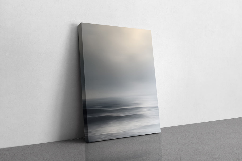 Framed calming nature wall decor featuring a beach scene on a cloudy day.