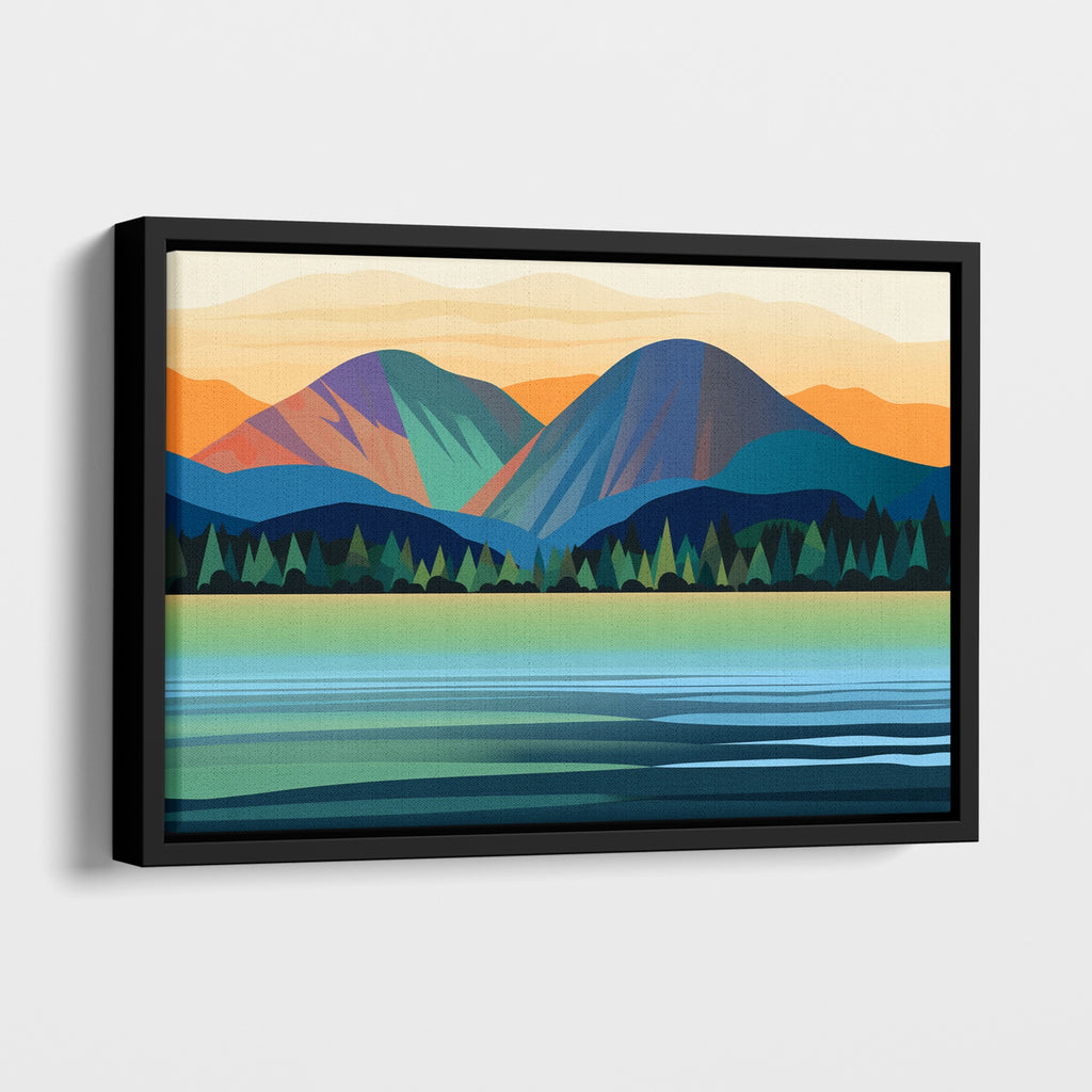 Nordic Mountain Lake Artwork in Green, Blue and Orange.