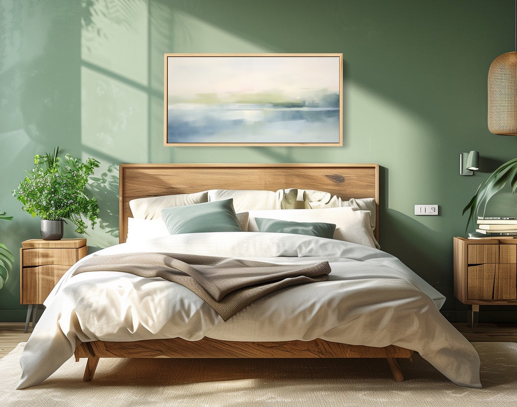 A large abstract wall art in light shades of blue and green.