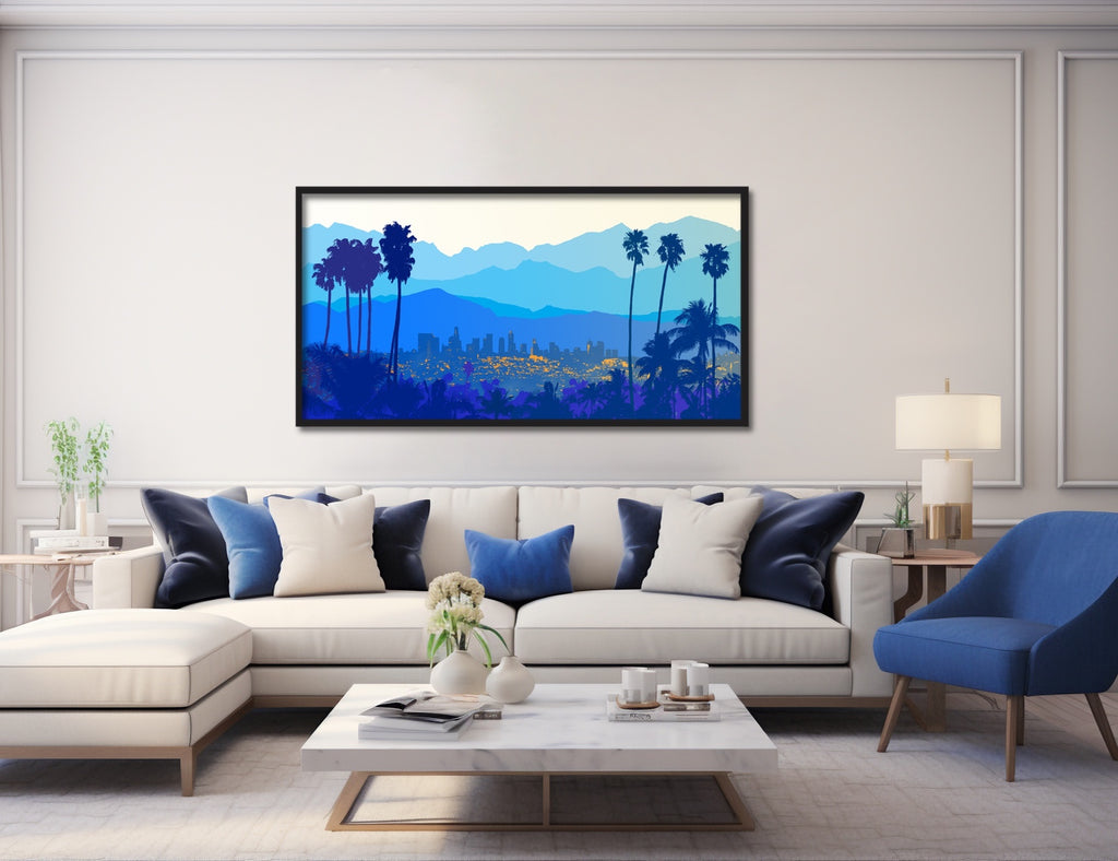 Our popular Los Angeles art print featuring the LA skyline and the San Gabriel Mountains. 