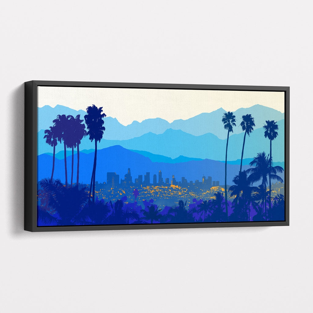 Los Angeles wall art featuring the LA skyline and the San Gabriel Mountains on framed canvas. 