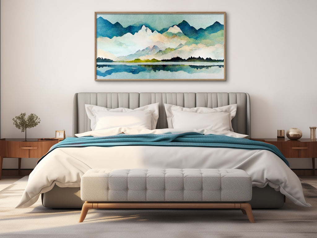 A large abstract landscape canvas wall art print in blue and green.