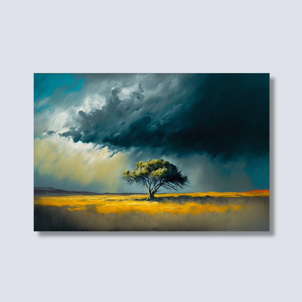 Modern Lone Tree Landscape Artwork in Blue and Gold.