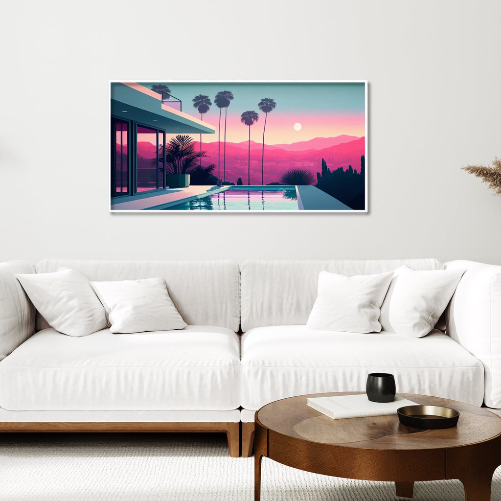 A colorful mid century modern house artwork on stretched canvas.