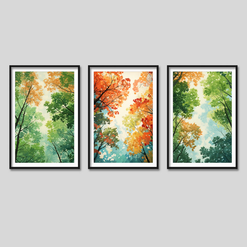 A set of three maples trees art prints in Green and Red.