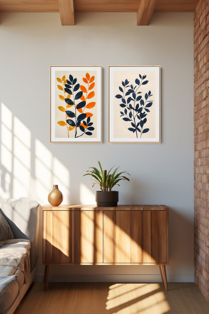 A minimalist botanical canvas wall decor in navy blue and orange.