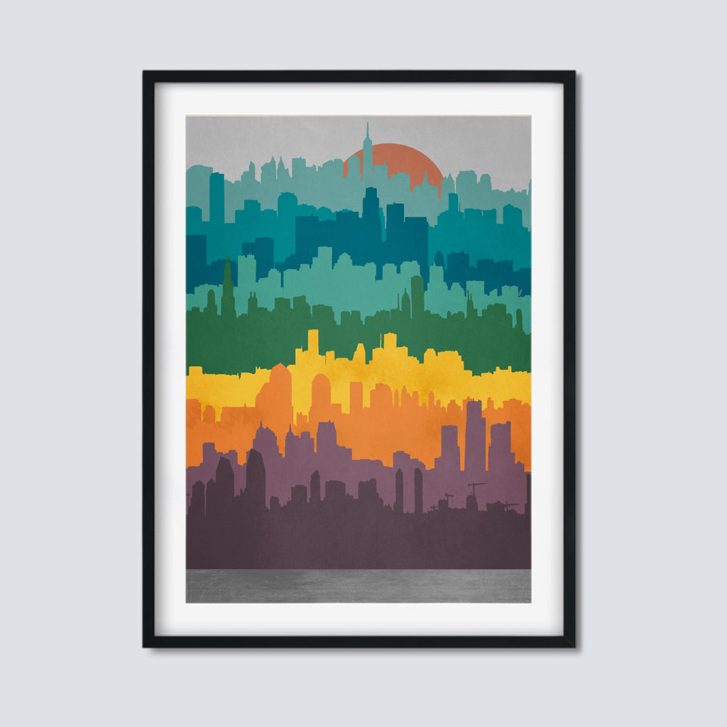 A bright minimalist mid century city artwork.