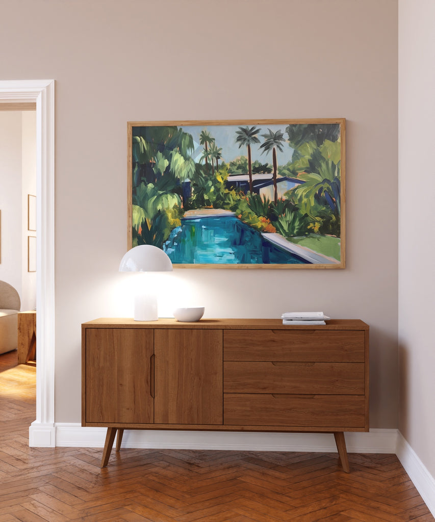 Vibrant lush tropical botanical artwork, framed or unframed.