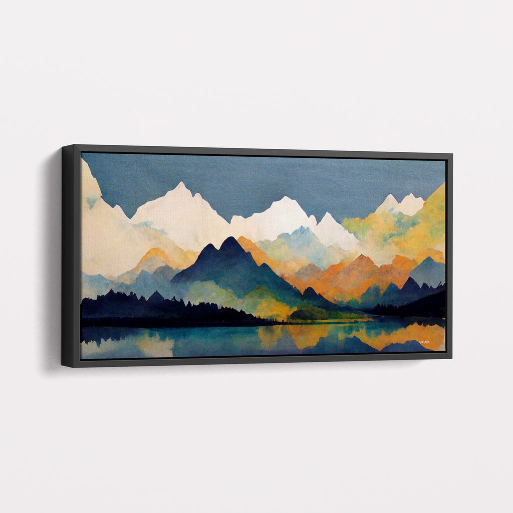 Framed Modern Mountain Artwork in Blue and Terracotta.