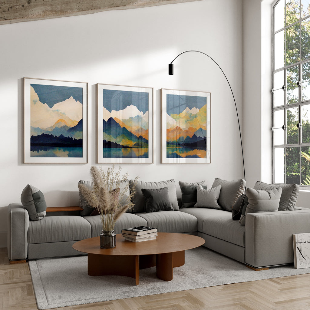 Modern Abstract Mountain Wall Art Set in Blue and Terracotta.