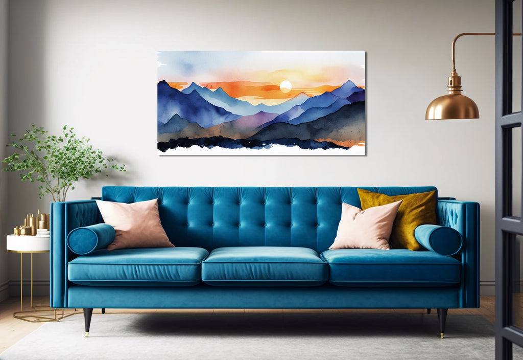 Abstract watercolor large wall art in blue and orange.