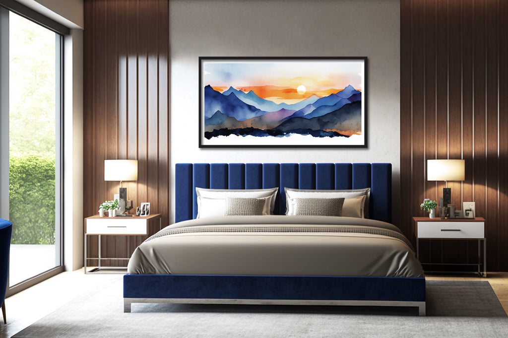 An extra large watercolor mountain sunset artwork.