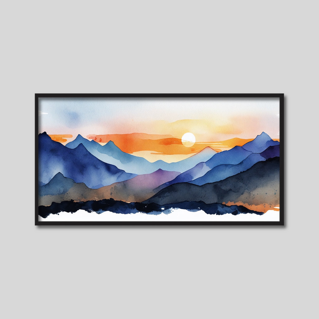 Mountain Sunset Landscape Wall Art in Blue and Orange.
