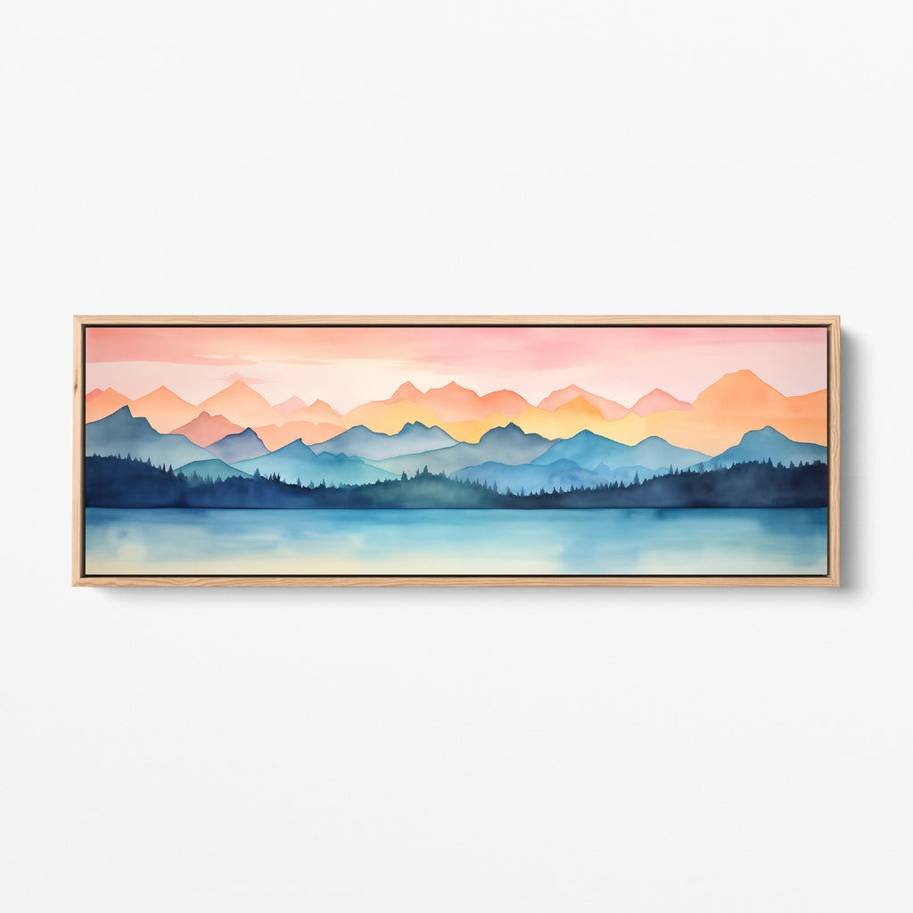 An extra long abstract nature canvas wall art in blue and pink, framed or unframed.