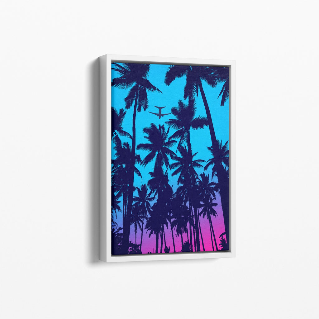 A large vertical sythwave palm tree artwork in blue and pink.