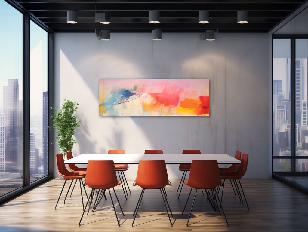 An extra large panoramic abstract painting in warm hues.