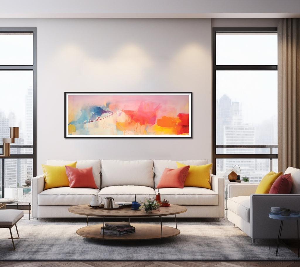 A large vibrant artwork in pink, yellow and blue.