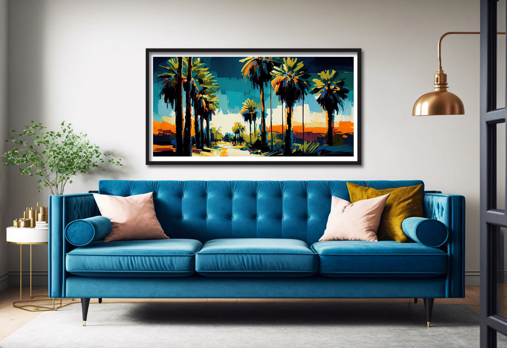 A colorful mid century modern California wall art featuring palm trees. 