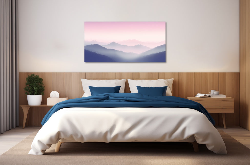 An extra large panoramic nature wall art in pink and blue.