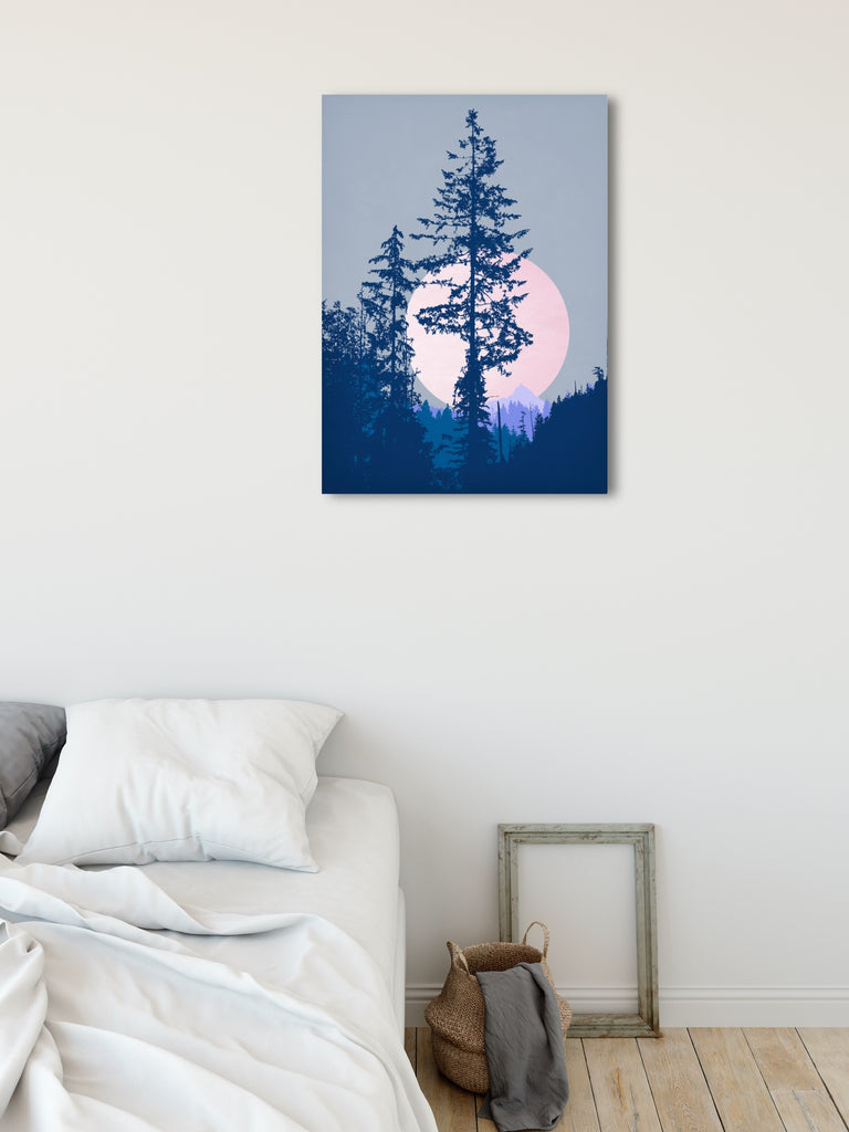 A large tranquil nature artwork featuring pink moon over night forest.