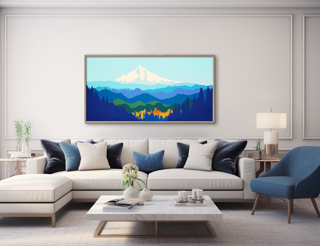 A minimalist Mt Hood and Portland landscape artwork in blue.