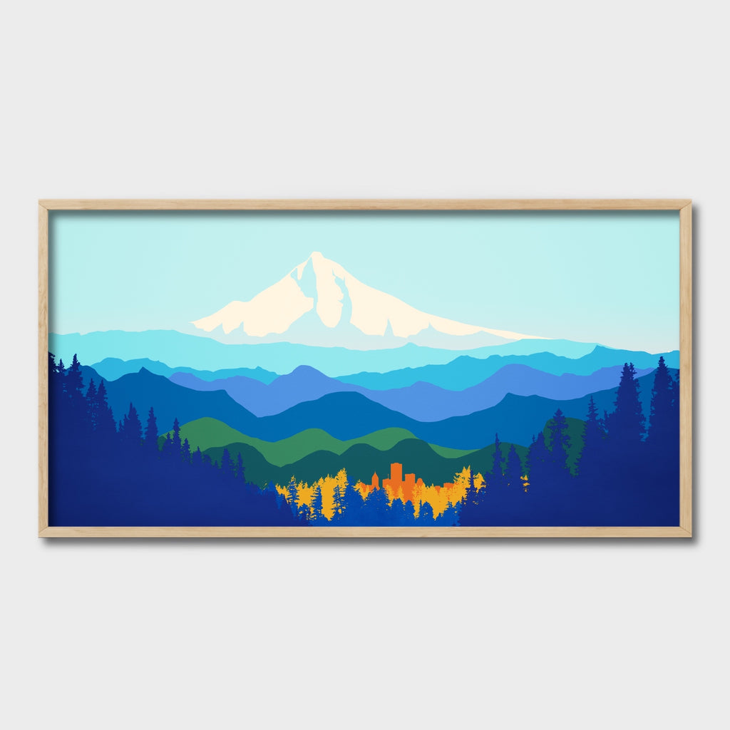 Large Framed Mount Hood Art Print in shades of Blue, Green and Gold.